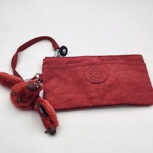 Kipling Wristlet Clutch Bag Red 7" x 4.5" w/‎ Monkey Keychain Rose Tag EUC